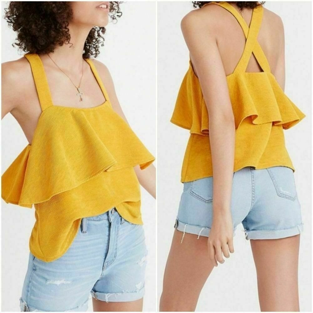 Madewell Texture & Thread Tank Top Size S Cross Back Tiered Yellow EUC B57